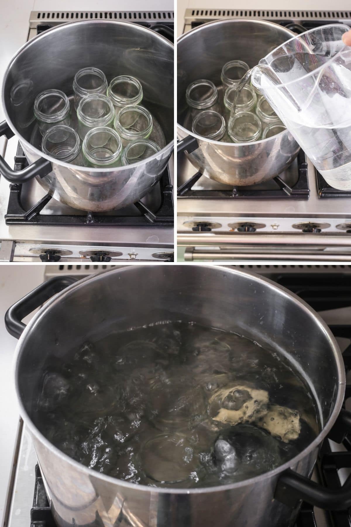 Jars in pan, filling with cold water. Bringing to a boil.