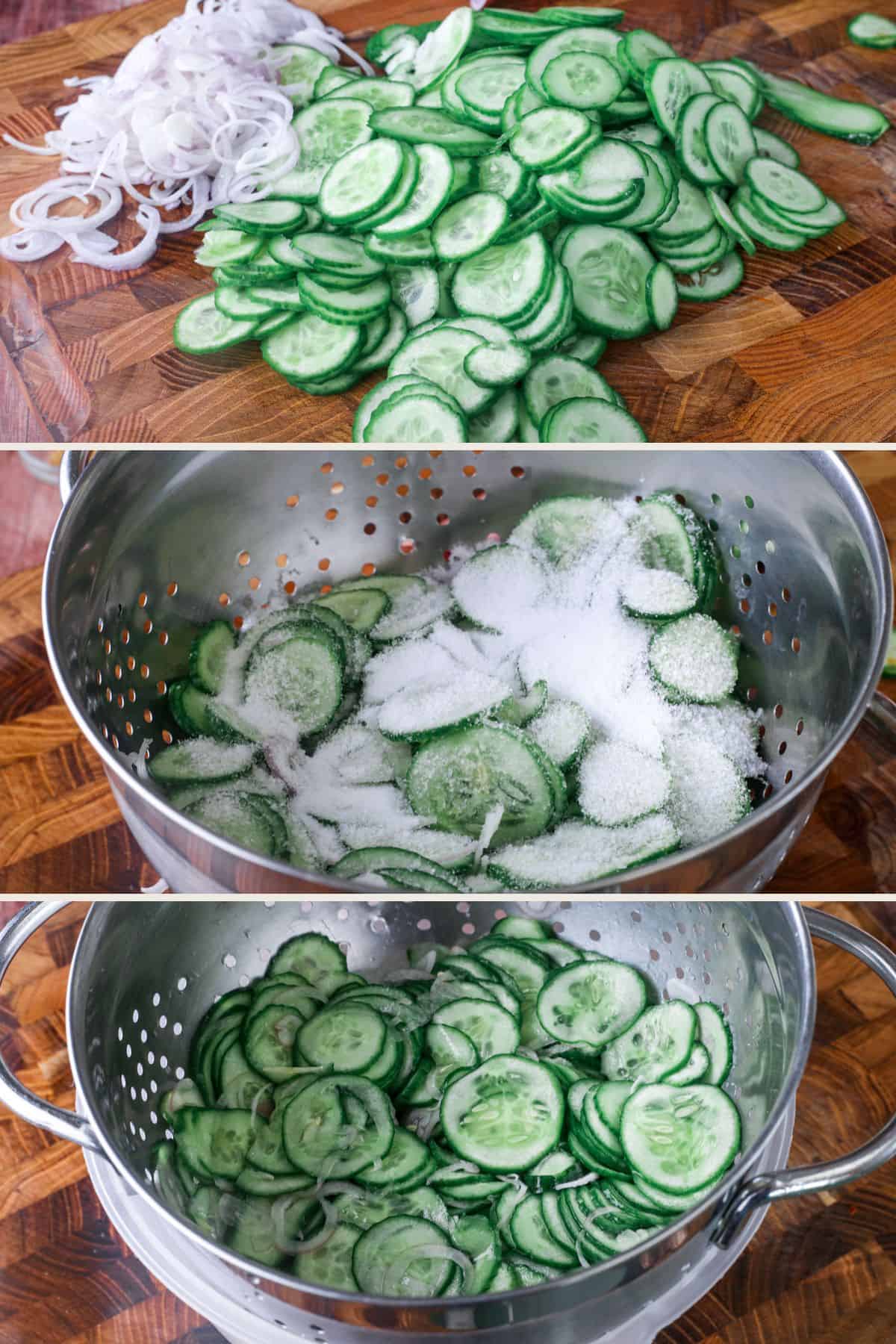 Cucumber and shallots finely sliced. Tossed through with salt in a colander.