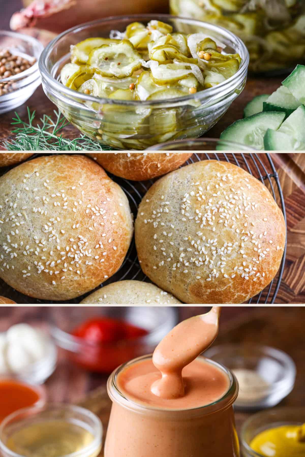 Image collage of bread and butter pickles, gluten-free burger buns and burger sauce.