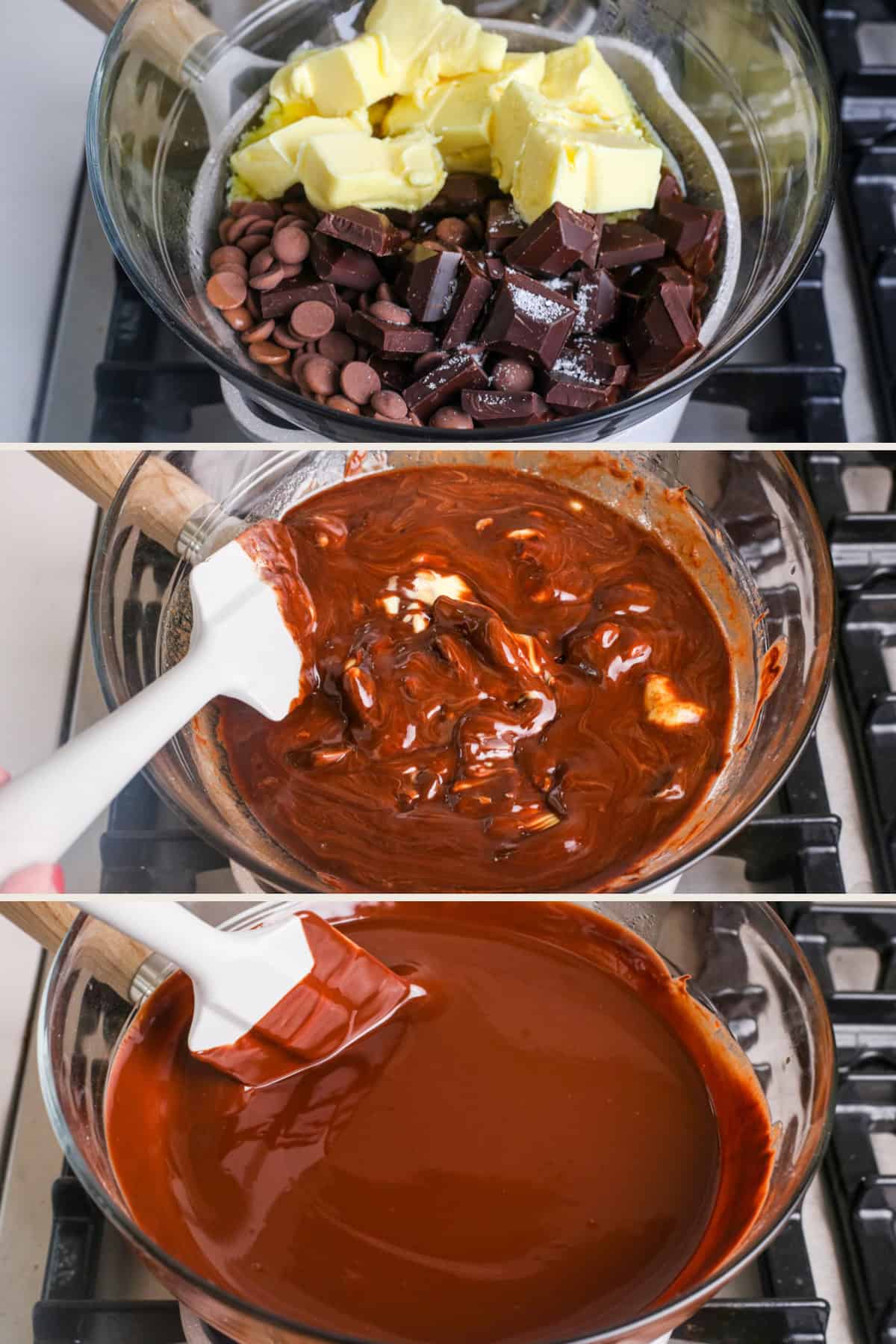 Chocolate, butter and salt in a bowl over simmering water, showing the stages of melting until smooth.