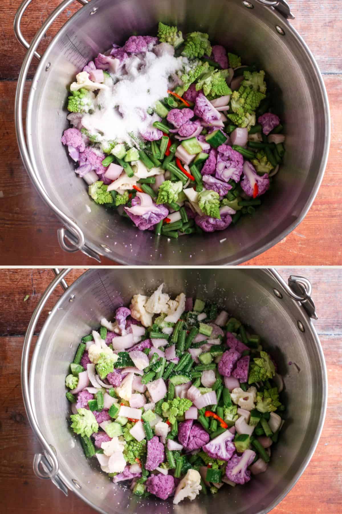Salt added to chopped vegetables.