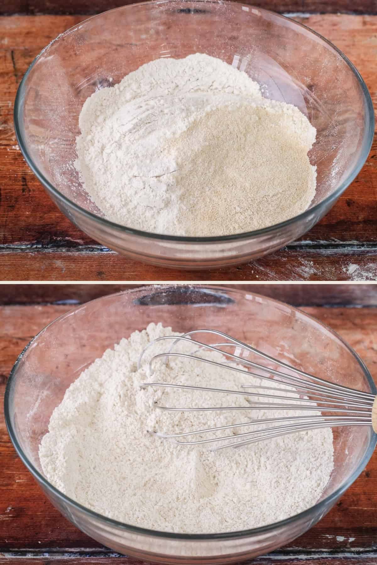 Flours in large mixing bowl and whisked together.