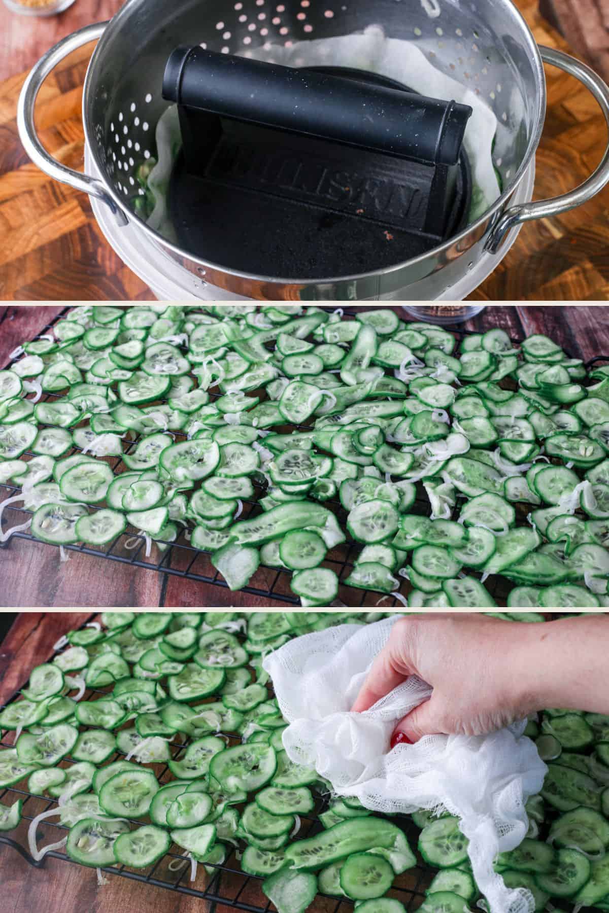 Baking parchment and weight placed onto colander. Cucumbers and onions spread onto wire rack. Patted dry with muslin.