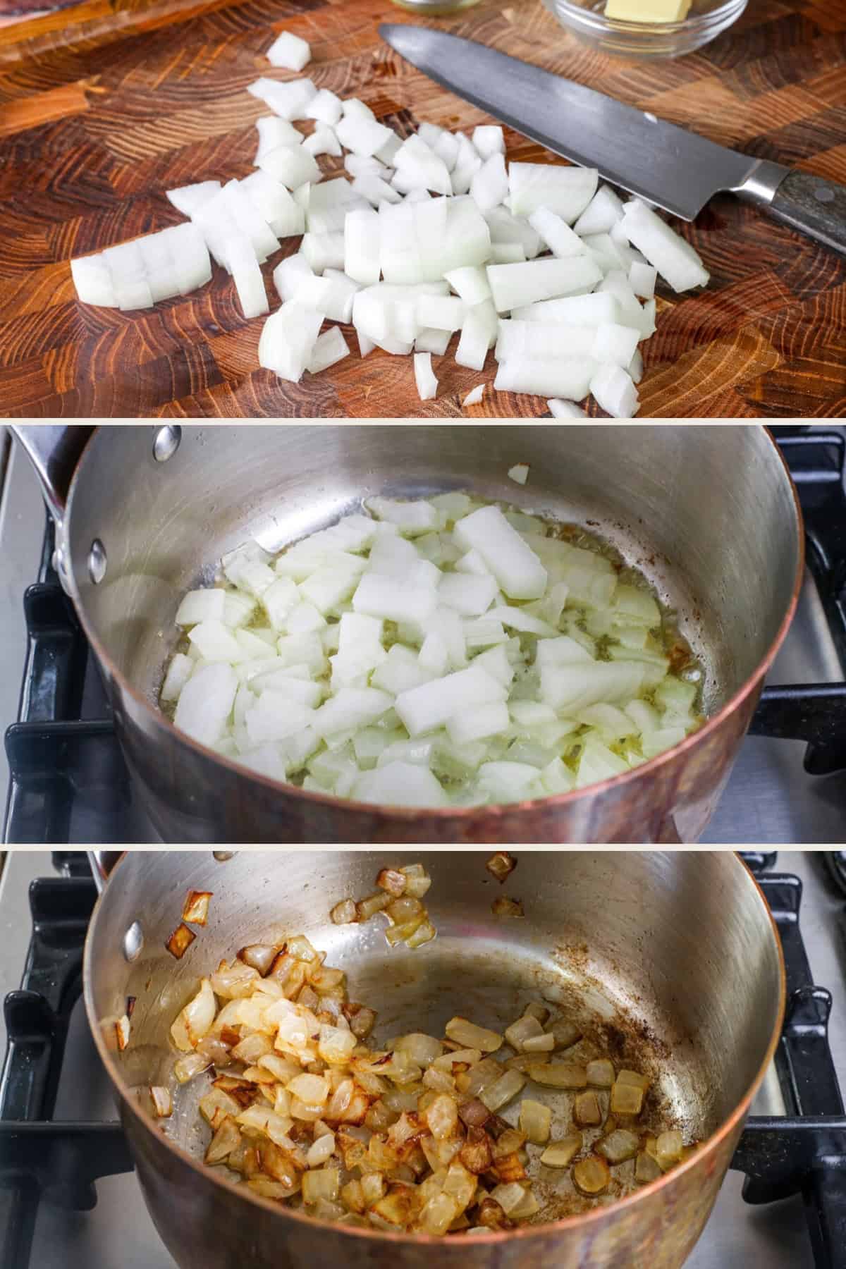 Onions diced on a chopping board, added to saucepan and cooked until golden and caramelised.