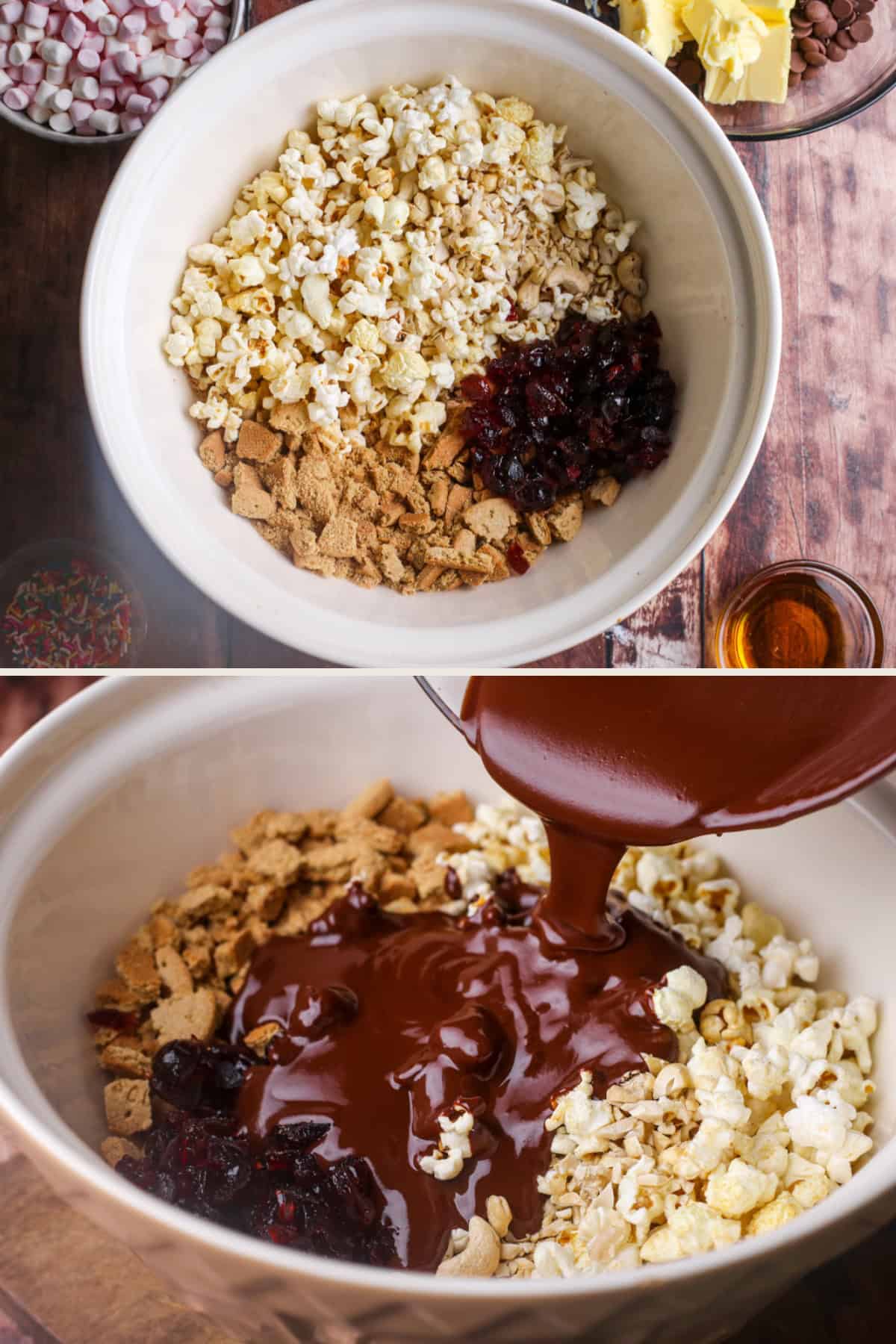 Rocky road ingredients in a large bowl, chocolate pouring in.