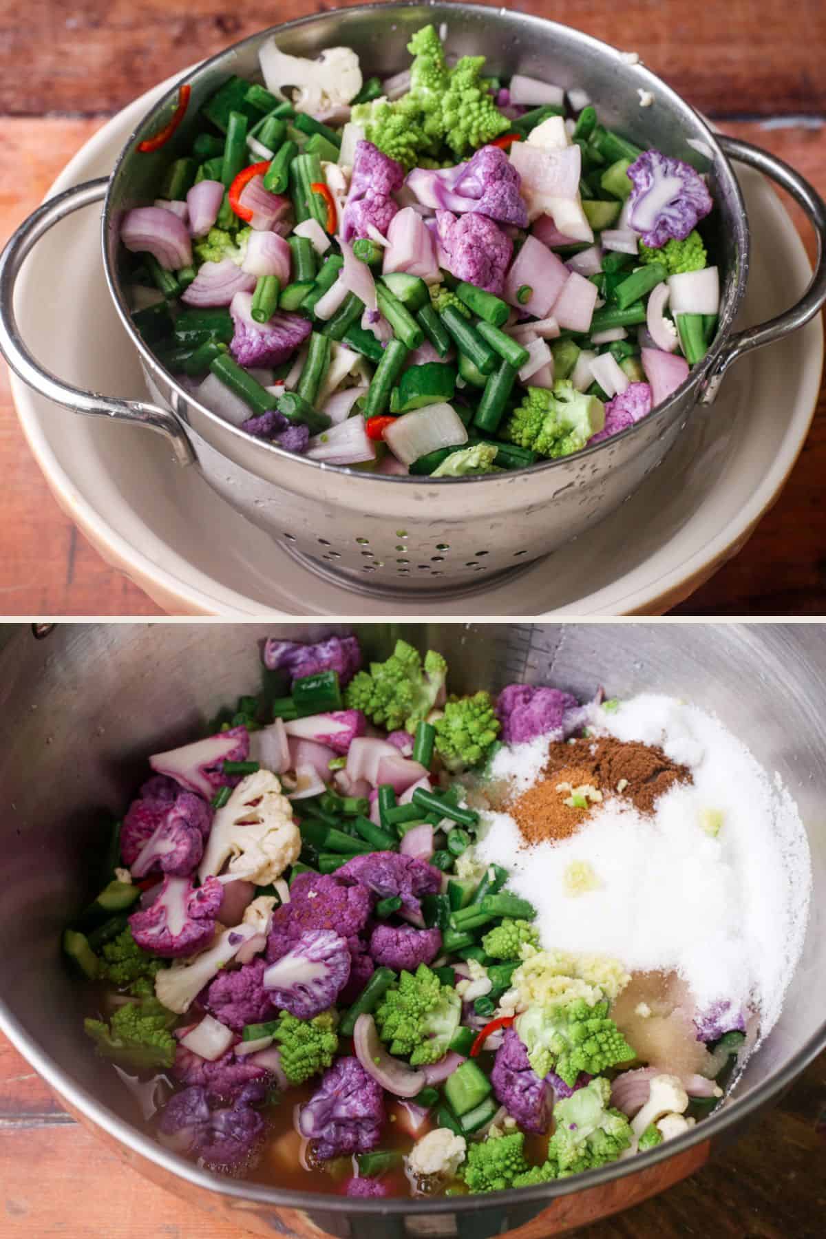 Drained vegetables then spices, sugar and vinegar added in preserving pan.