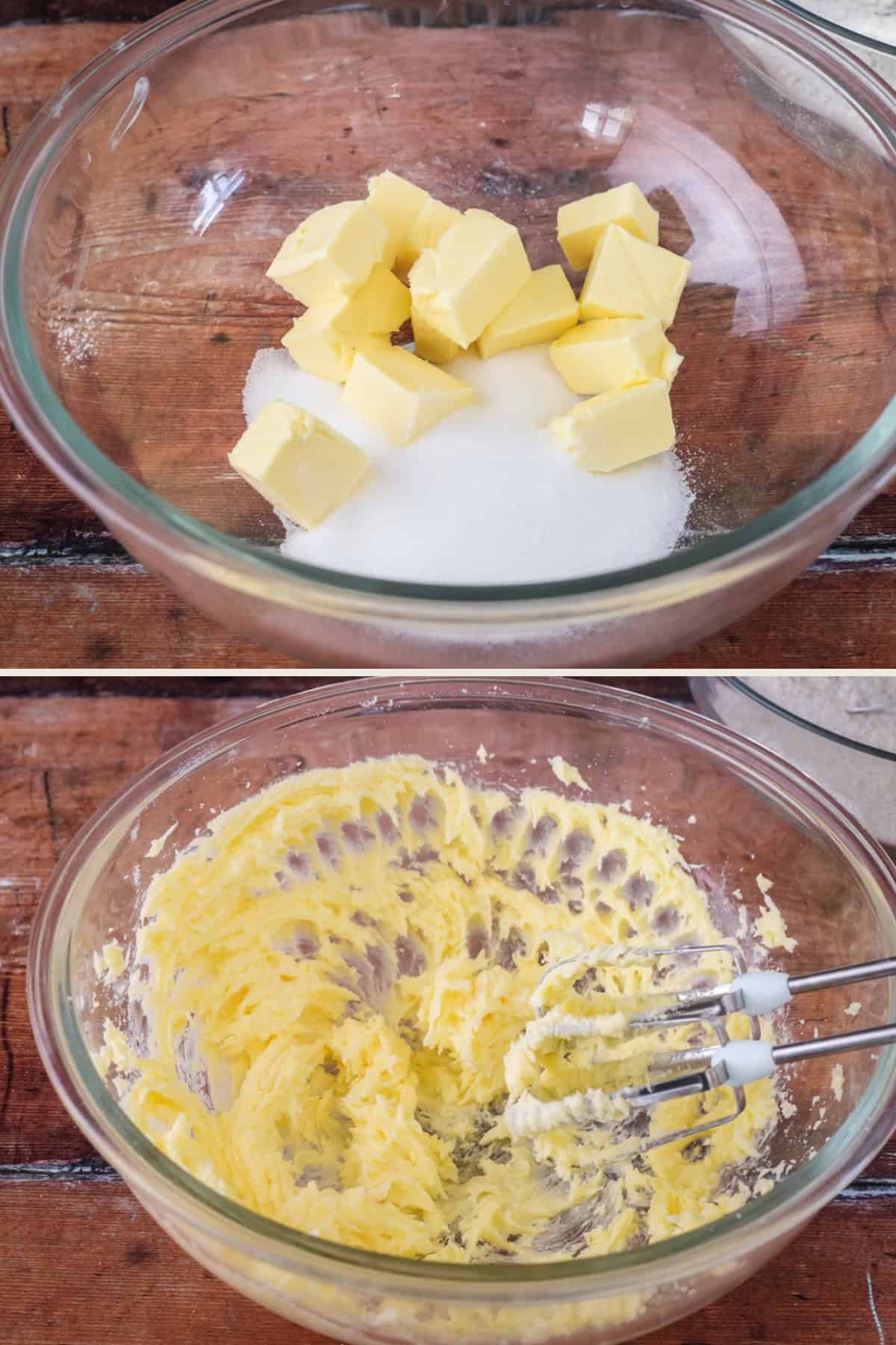 Butter and sugar in mixing bowl then mixed together with electric hand whisk.