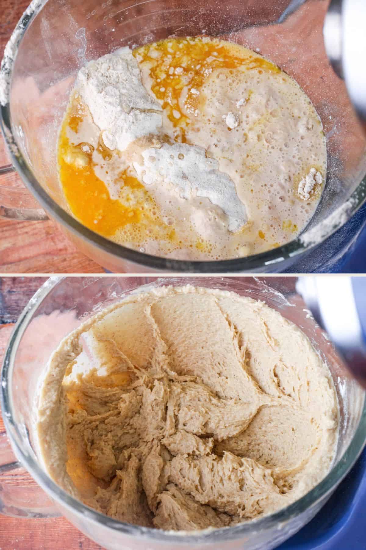 Ingredients added to stand mixer and after mixing for 5 minutes. The dough has come together but is still sticky.