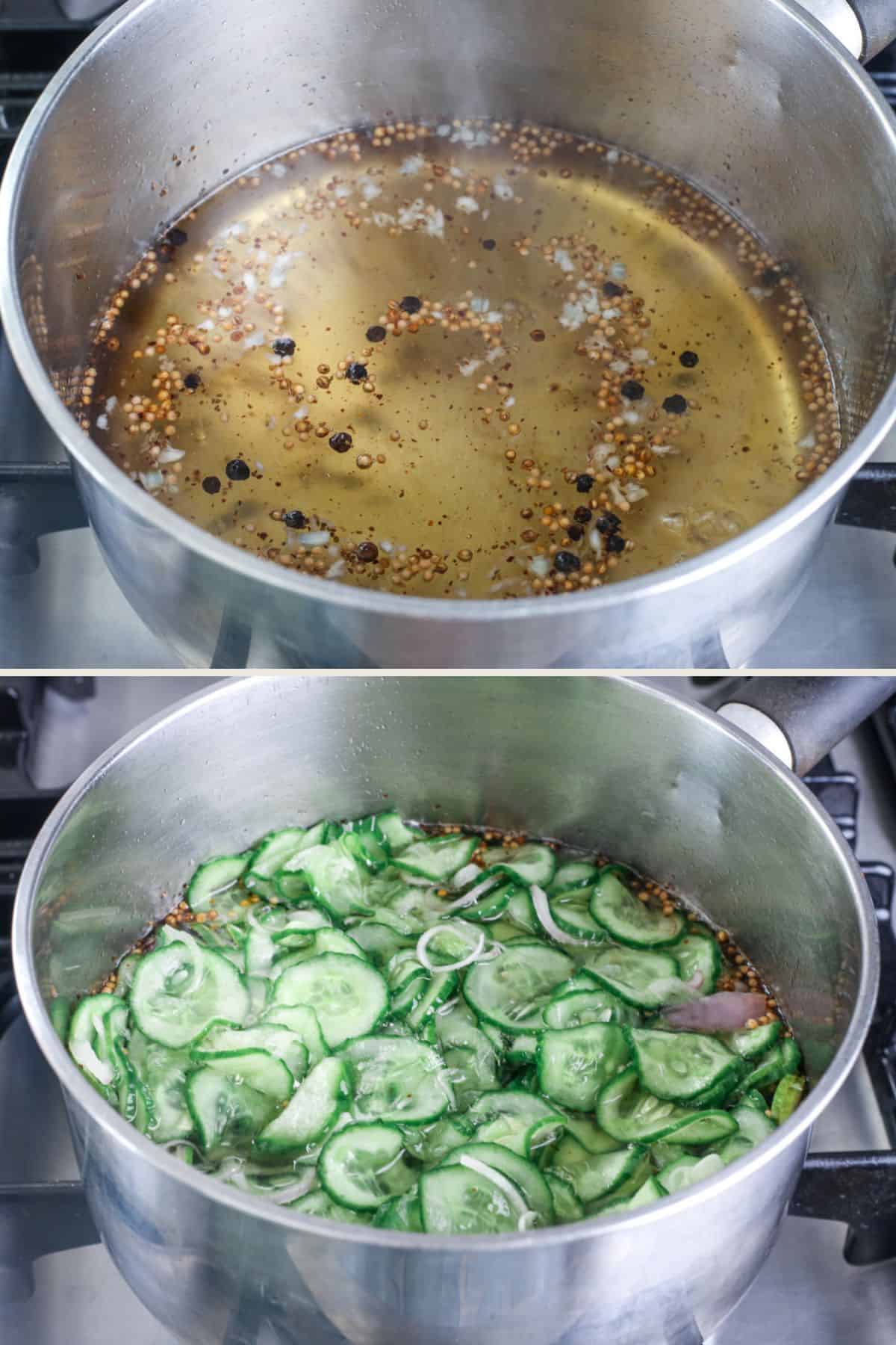 Pickling liquid and spices in a stainless steel saucepan, heated. Vegetables added for a very short amount of time.