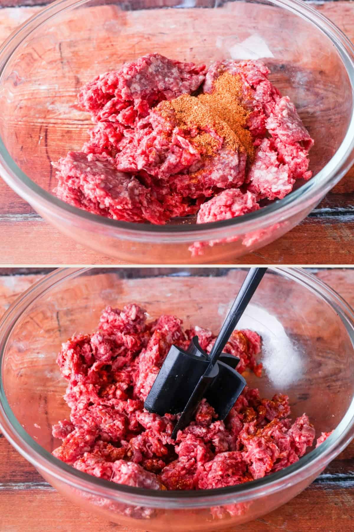 Burger mince in a bowl with everyday seasoning. Mixed together using meat chopper.