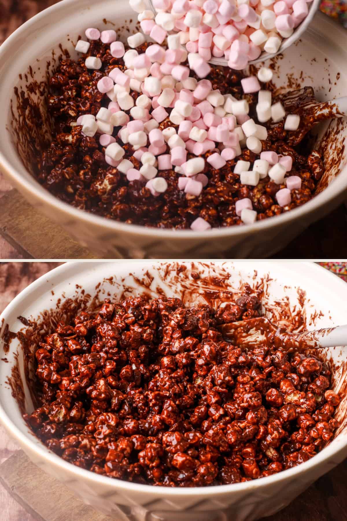 Pouring marshmallows over the mixed up ingredients for rocky road, then stirring in.