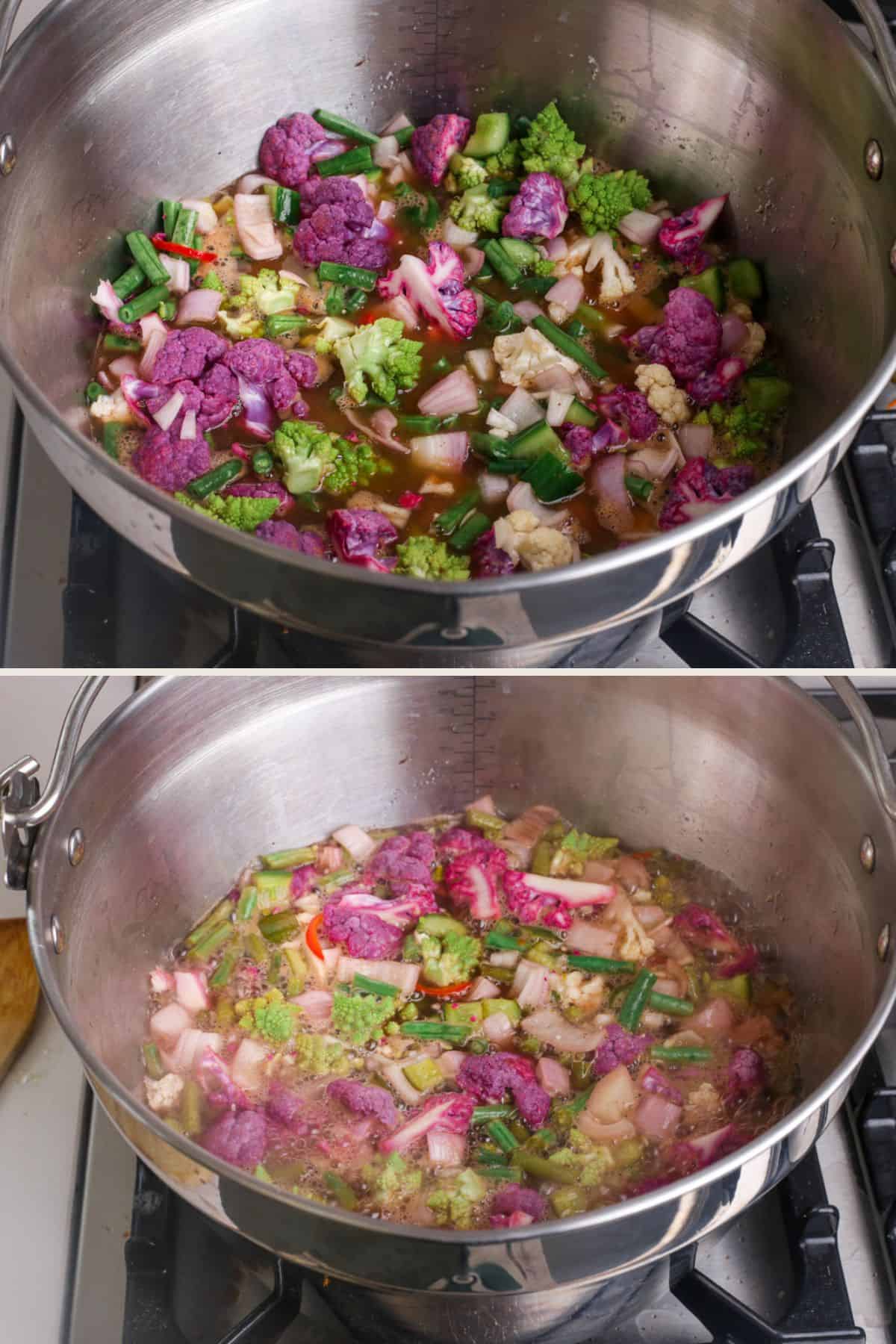 Vegetables in sugar and vinegar and heated until just cooked.