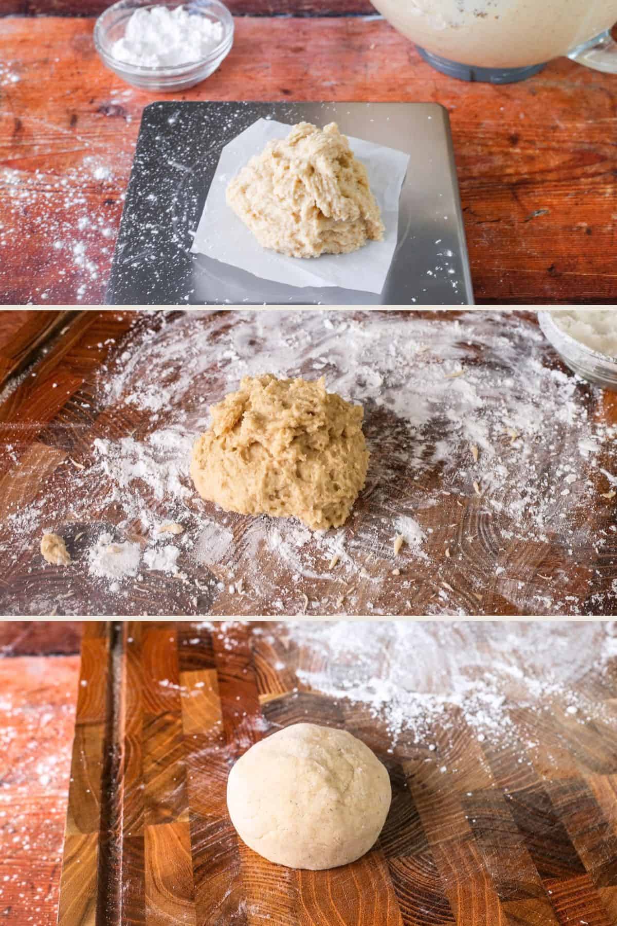 Bread dough weighed out then placed on floured work surface and rolled into smooth dough ball.