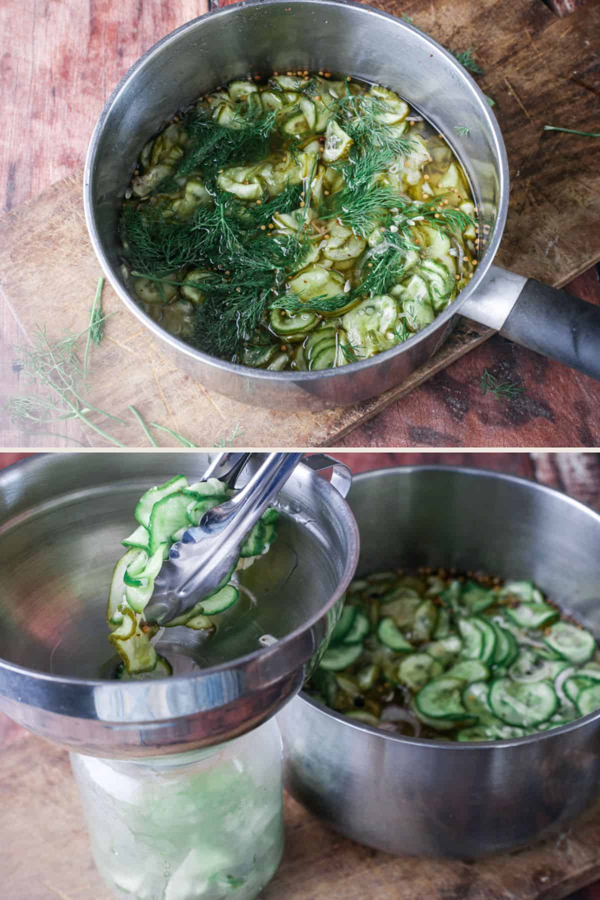 Saucepan removed from heat. Dill stirred through. Tongs removing vegetables to pack into jar.