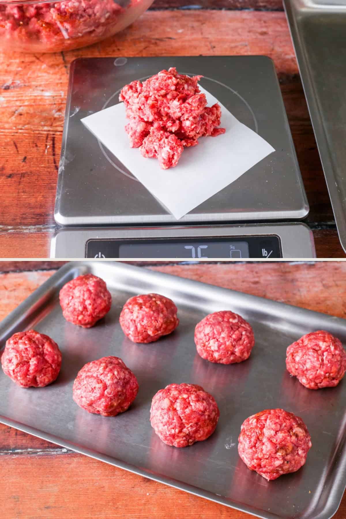 Mince on digital scales, then beef balls resting on baking tray.