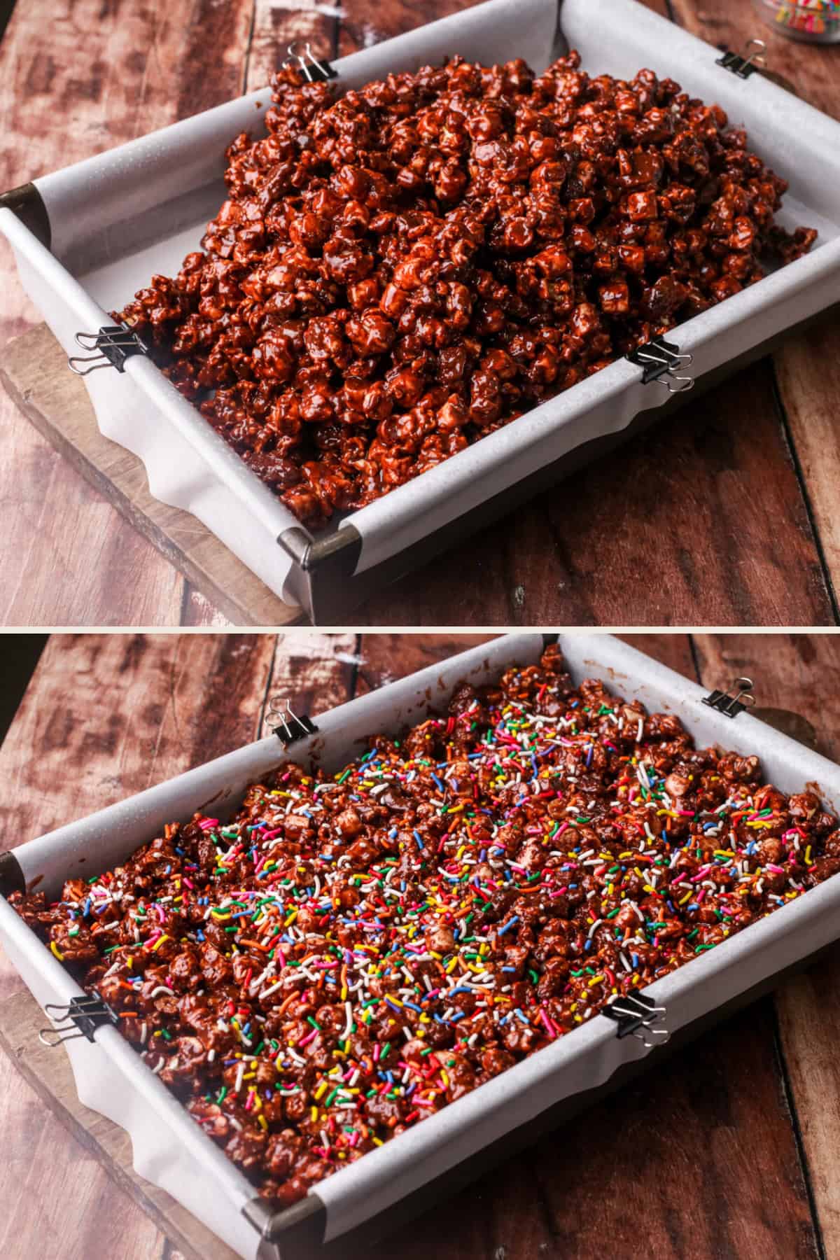 Rocky Road poured into large baking pan. Smoothed and sprinkles added.