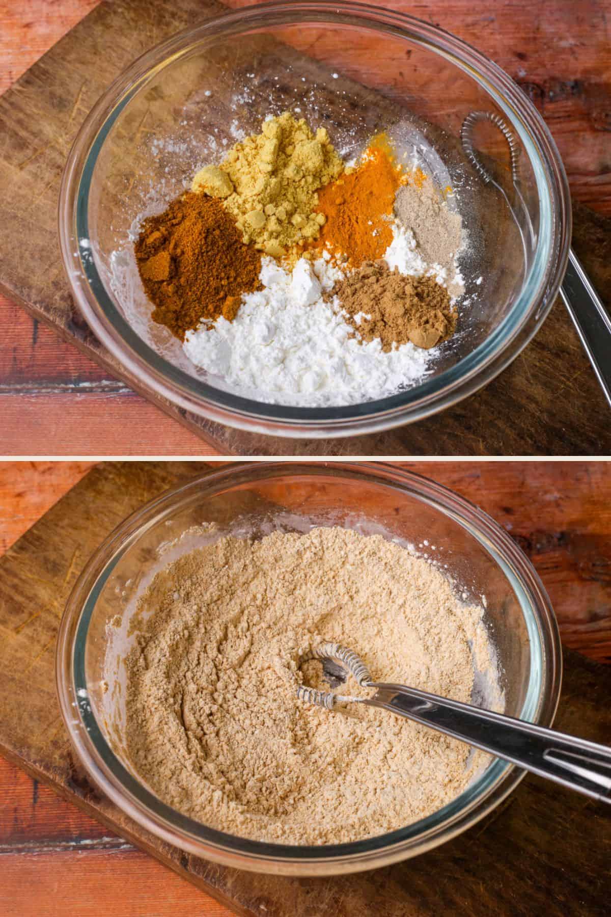 Cornflour and spices in a bowl and whisked together.