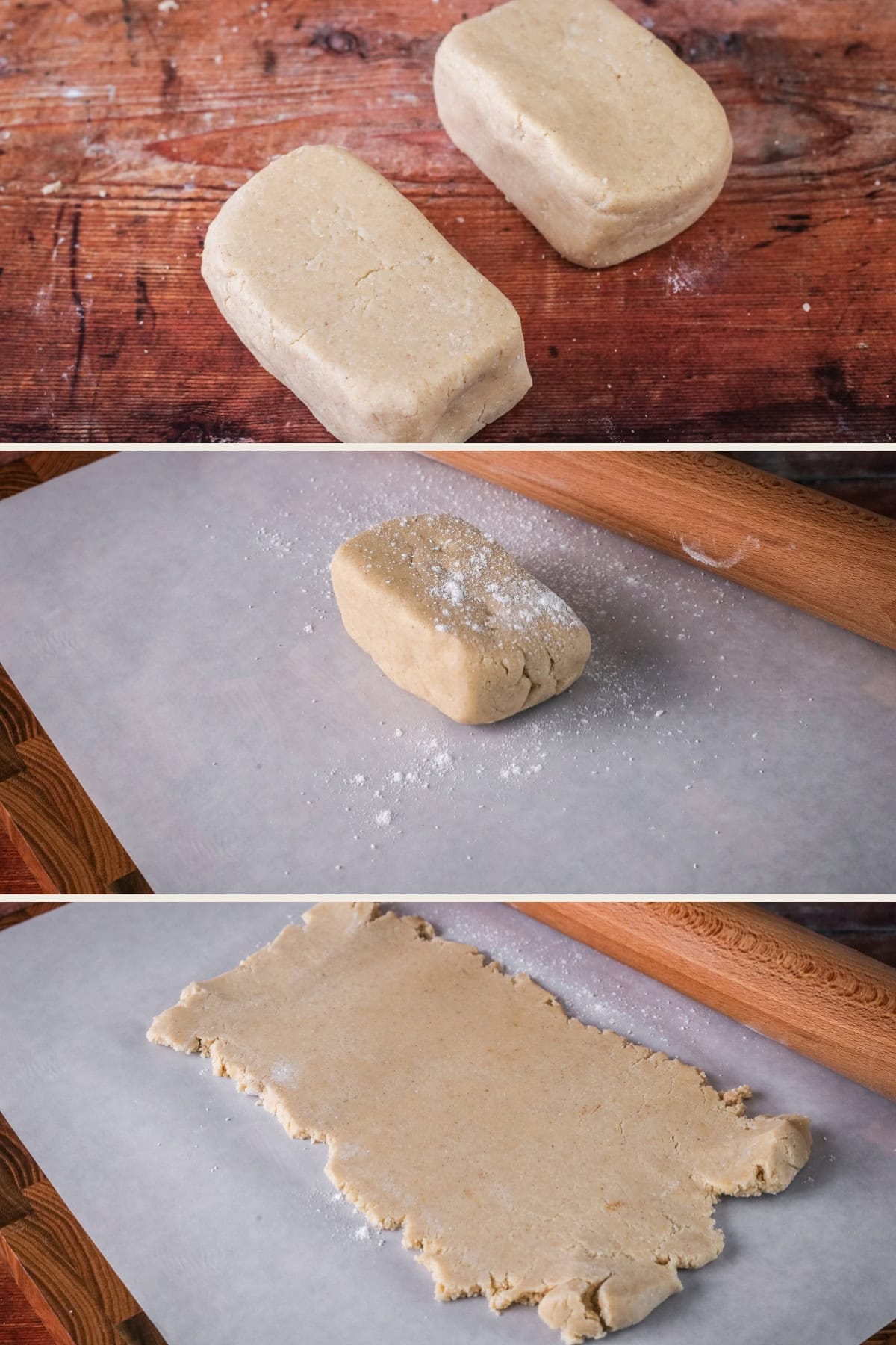 Dough split in half into rectangles. Dough on baking parchment. Rolled out with rolling pin.