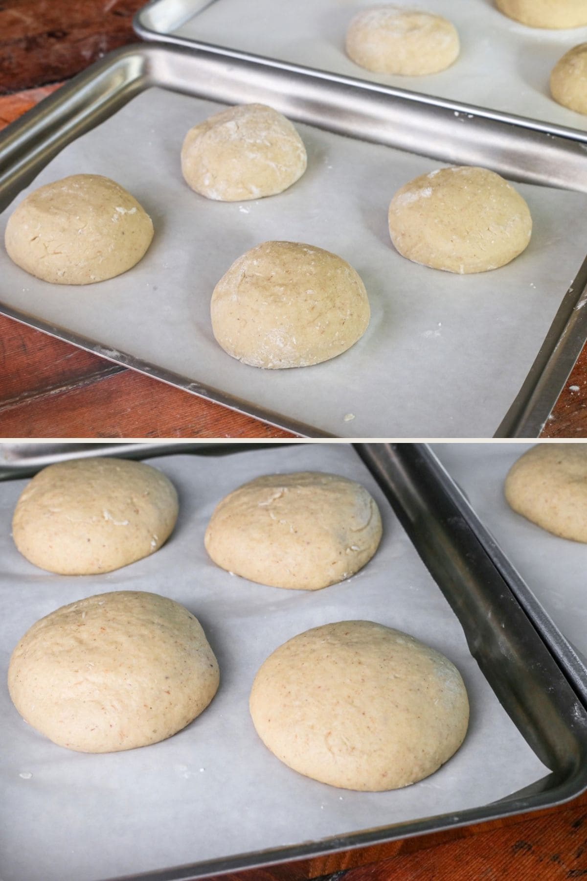 Burger buns before and after proving.