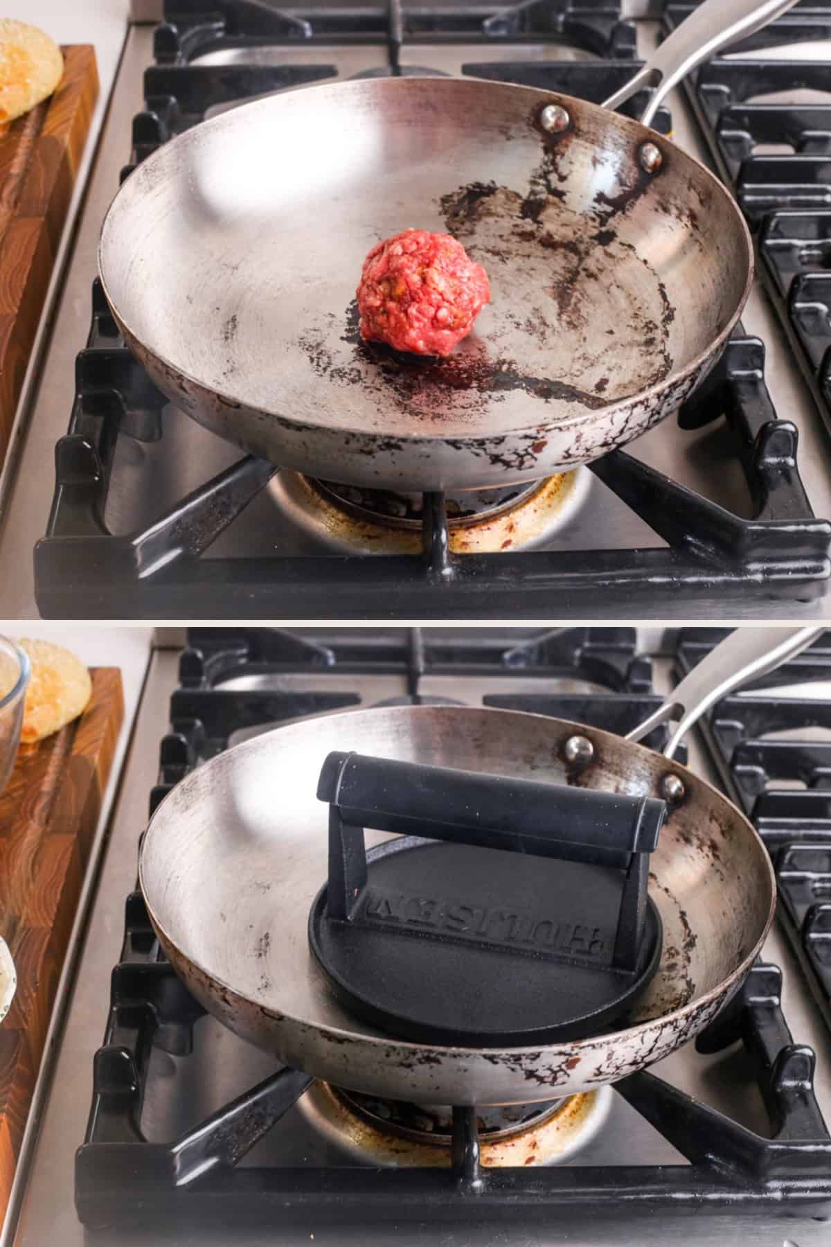 Beef mince ball in middle of pan, smashed down with cast iron burger press.