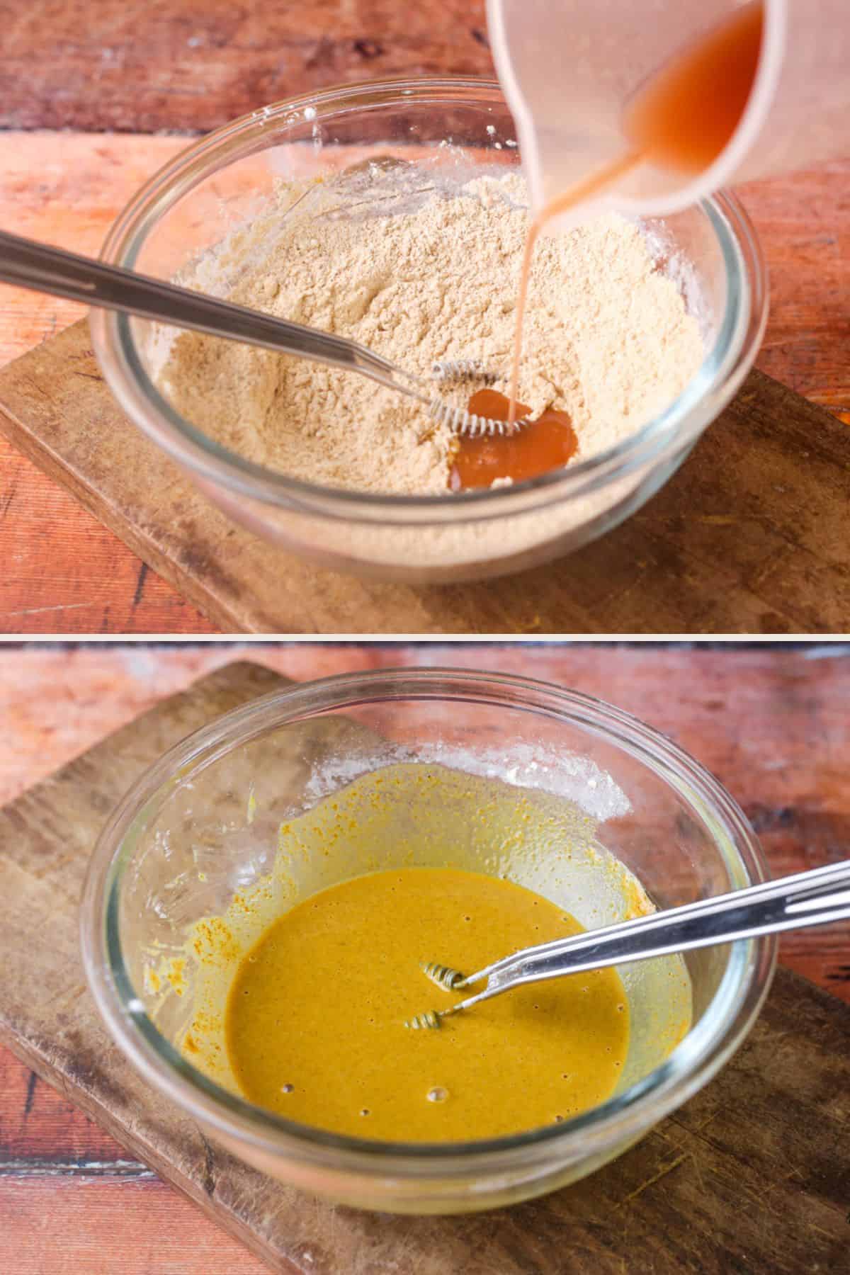Pouring a little of the liquid into the spices and cornflour.