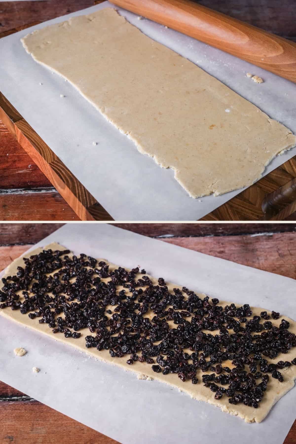 Dough rolled out long and thin, 6 x 15 inches. Currants scattered over the top.