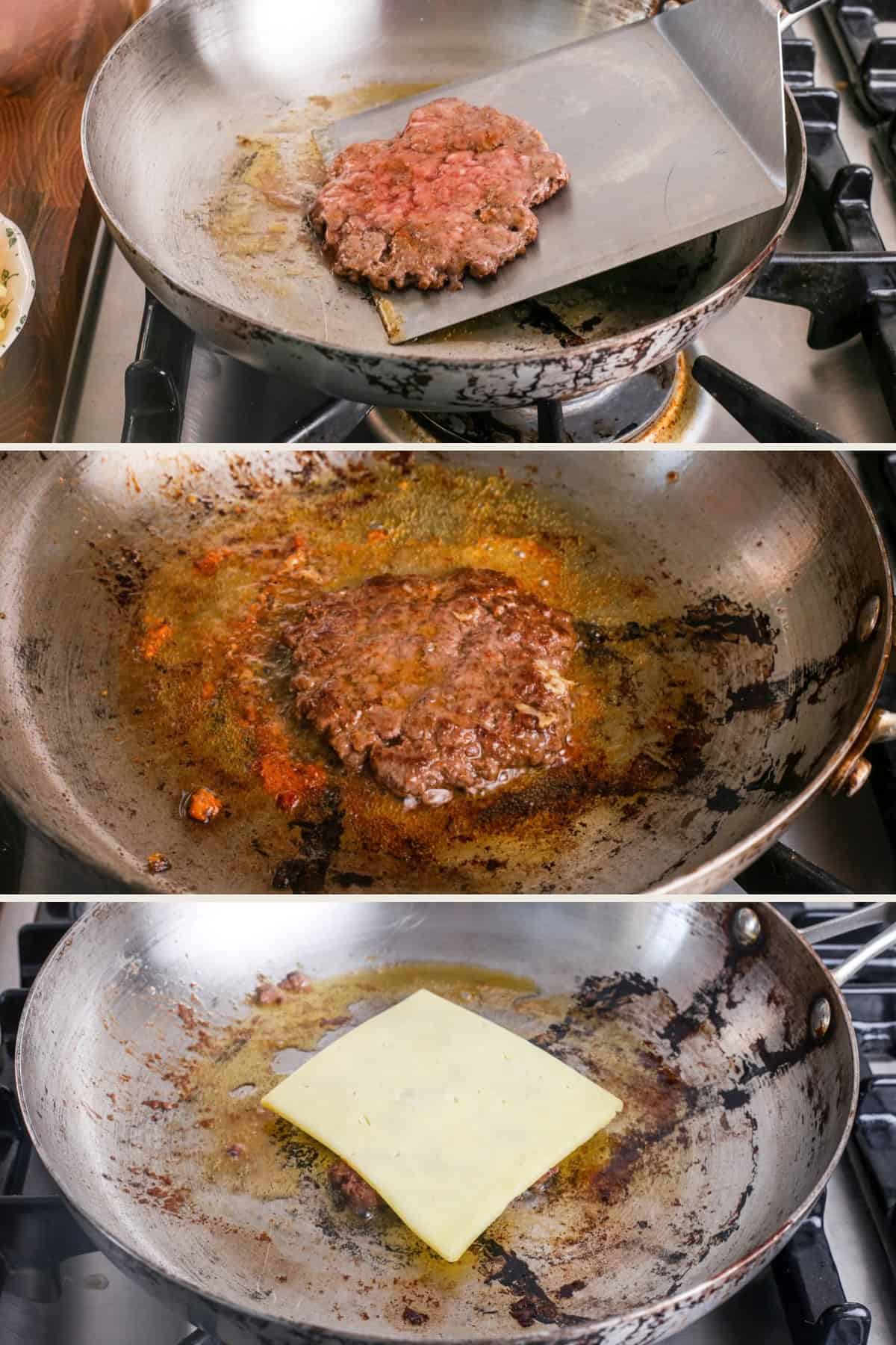 Beef patty flipped over, showing crispy browned crust. Cheese slice placed over.