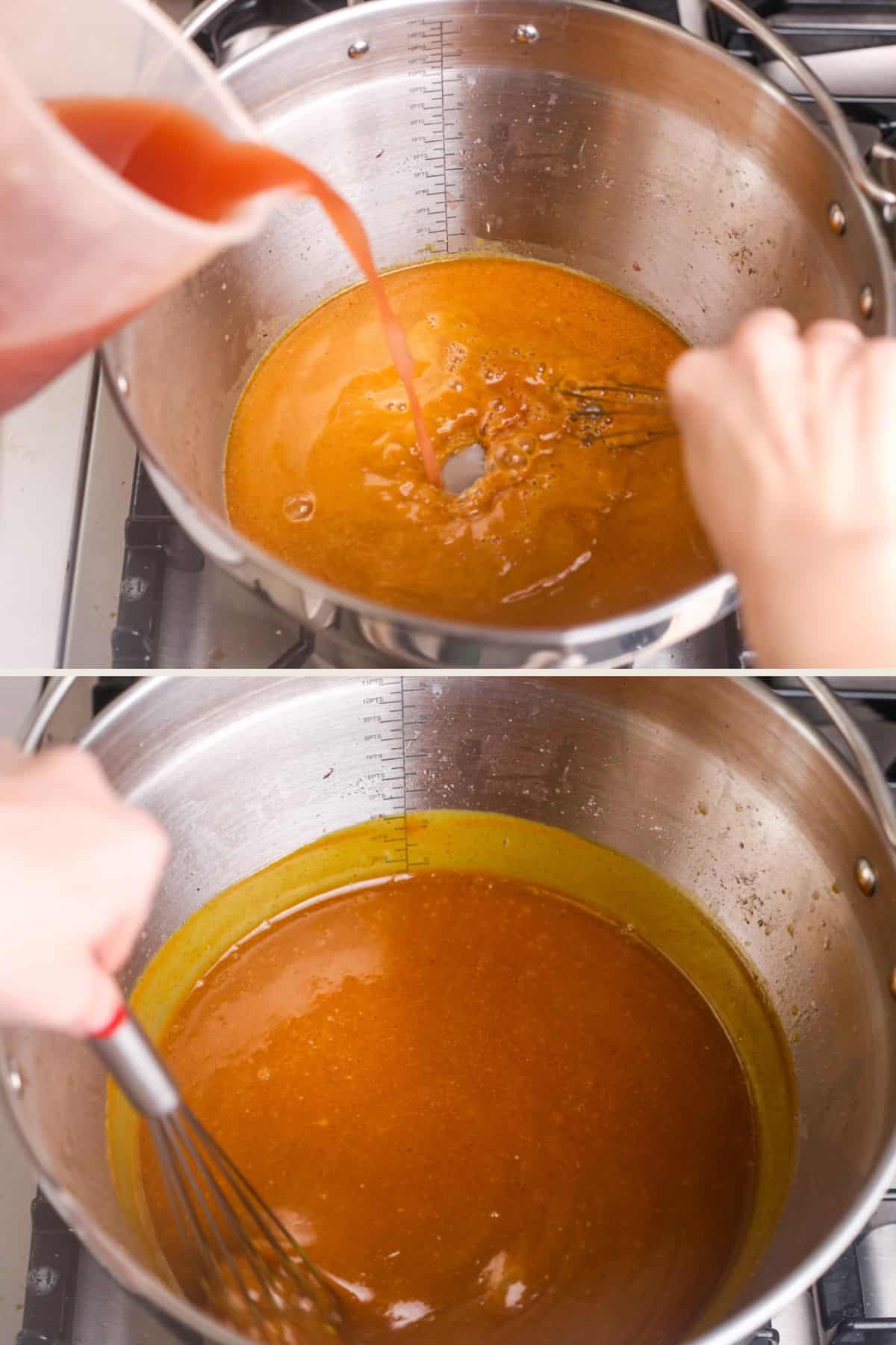 Liquid slowly pouring into thick curry sauce in sterilising pan, whisking all the while.