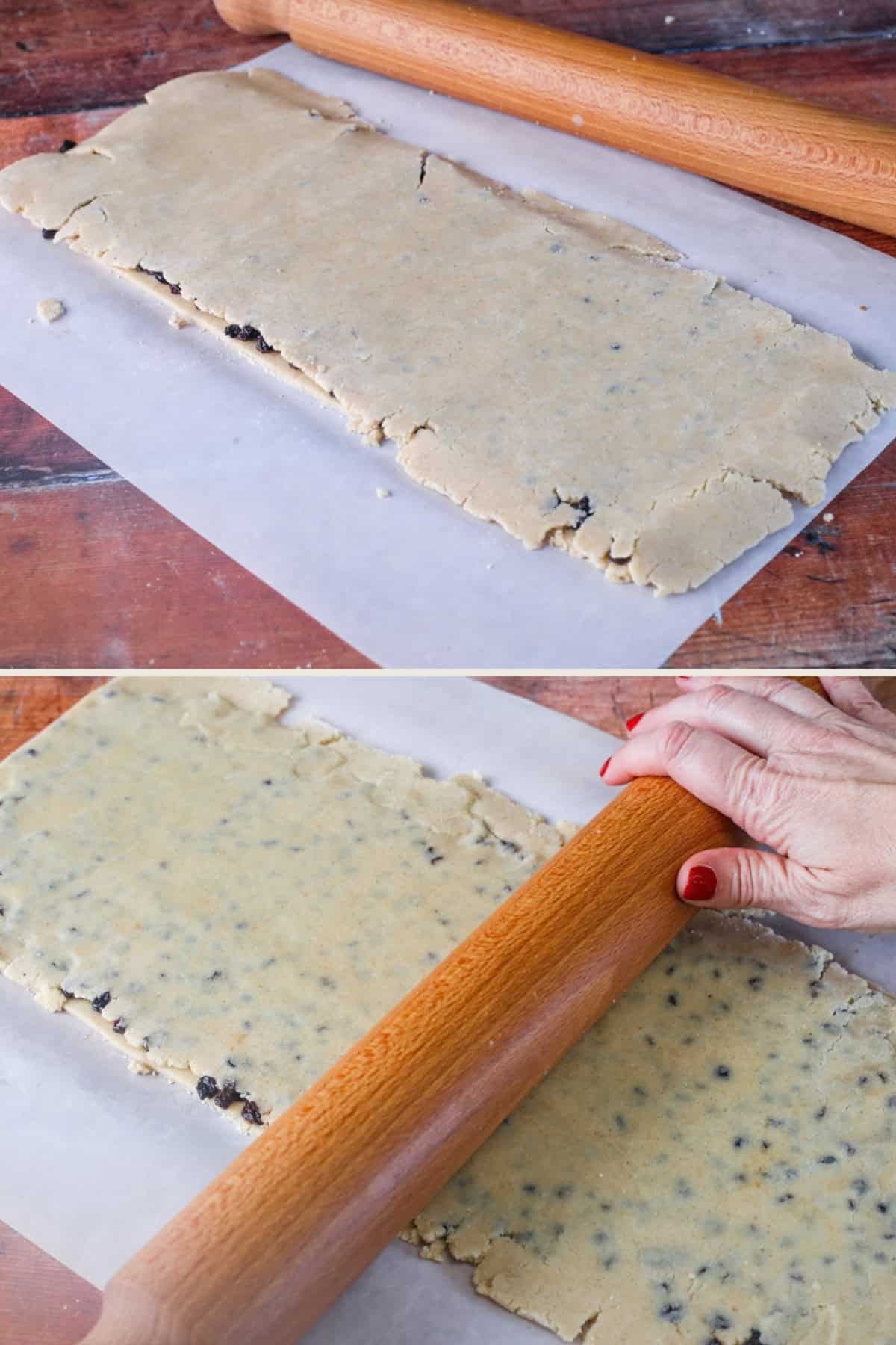 Second rolled out dough rectangle placed on top and all layers rolled with rolling pin to press together firmly.