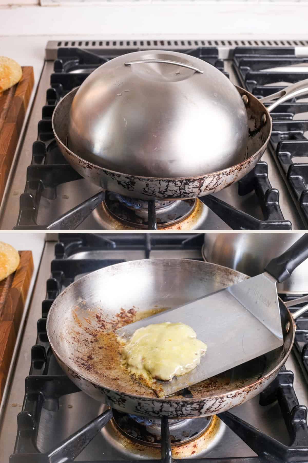Melting dome placed over cheese burger patty. Lifted off, showing cheese melted and removed from pan.