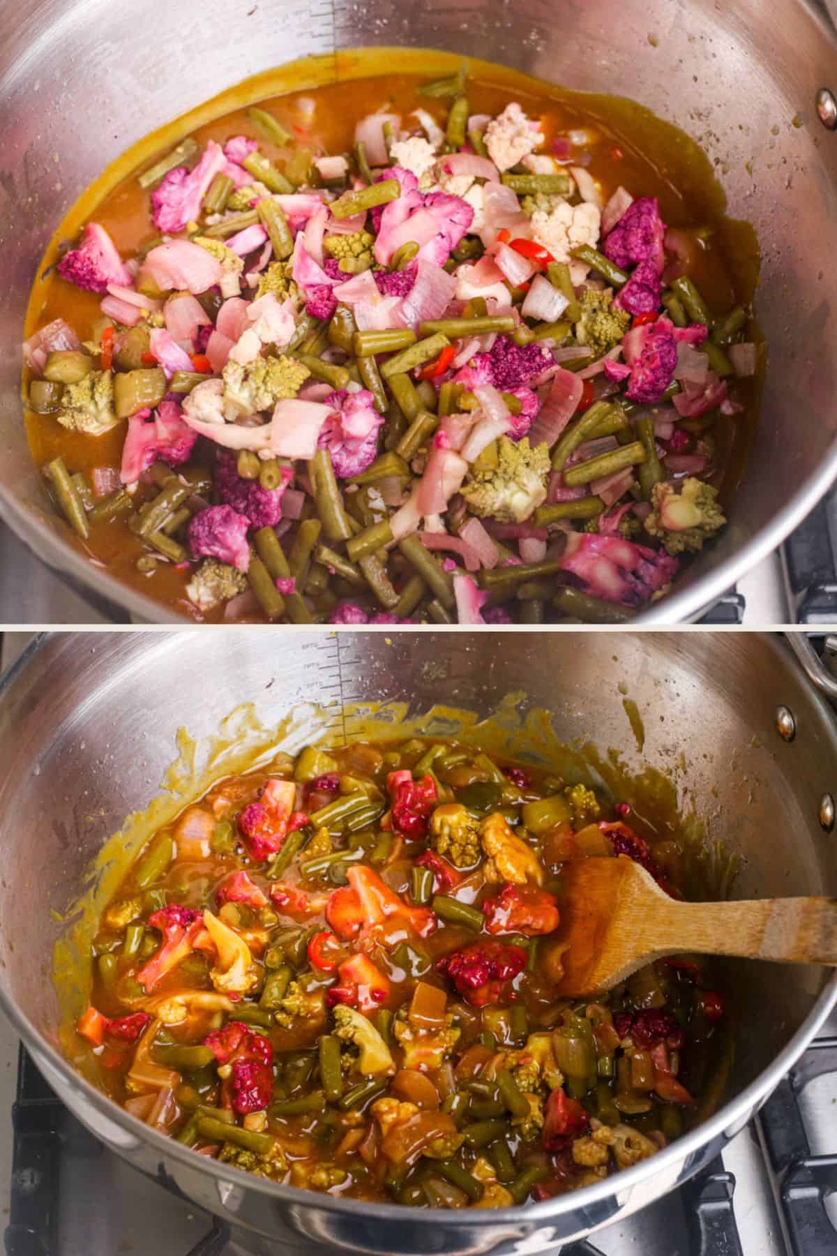 Vegetables added to curry sauce and stirred in the pot.