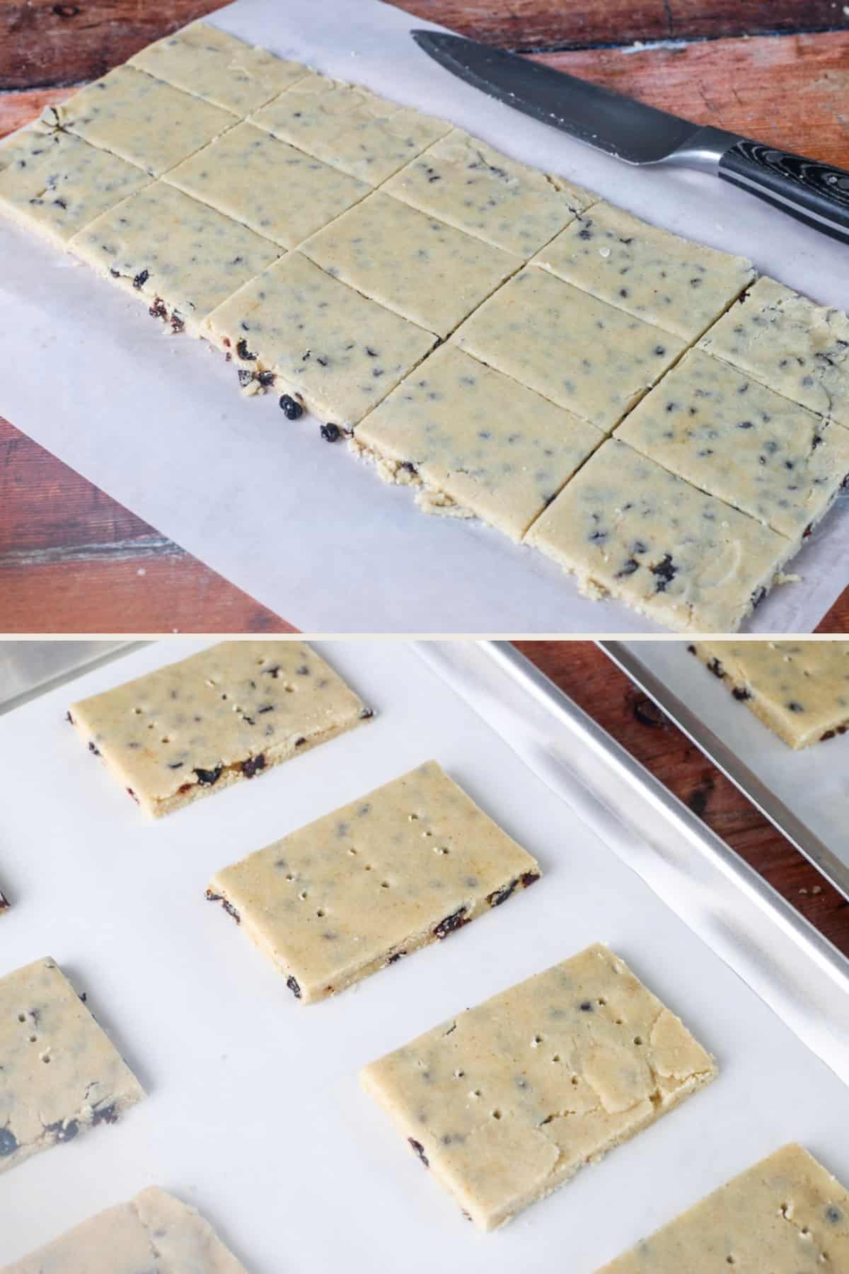 Biscuit dough edges neatened with knife. Biscuits cut out into 15. Placed on baking tray.