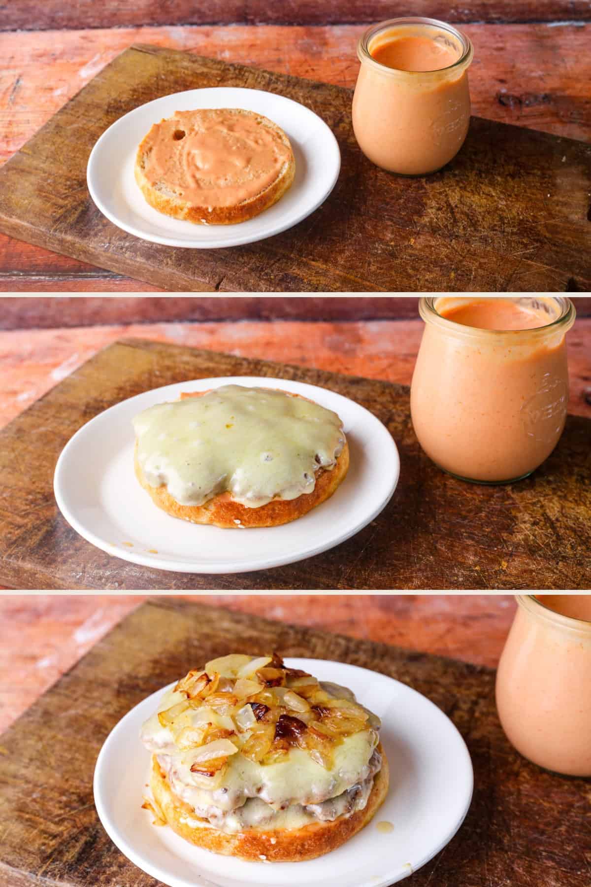 Toasted half of gluten-free bun spread with burger sauce. First cheeseburger laid on top. Second cheeseburger laid on top followed by caramelised onions.