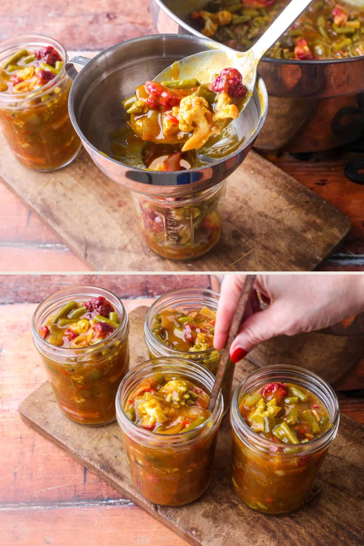 Large spoon decanting piccalilli into sterilised jars. Using skewer to push out any air bubbles from filled jar.