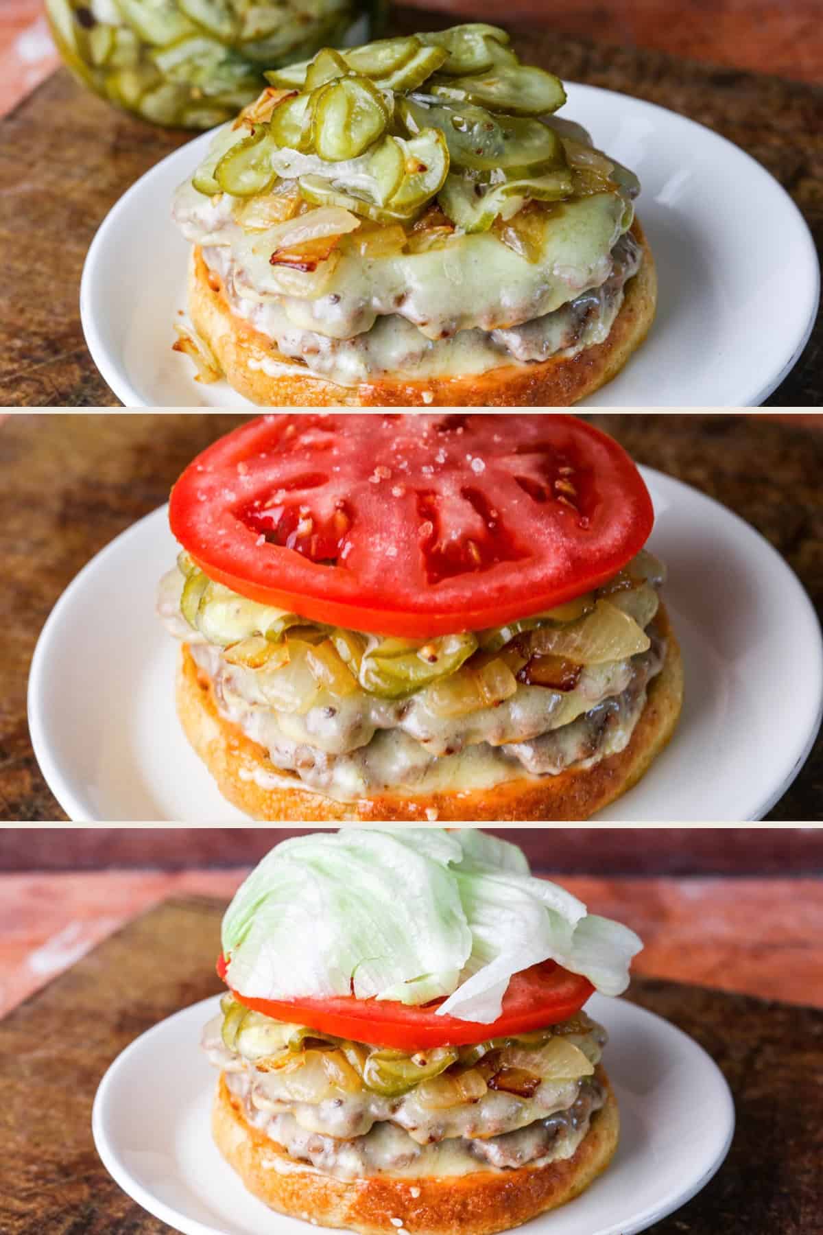 Pickles piled over onions, salted tomato placed on top. Lettuce on the top.