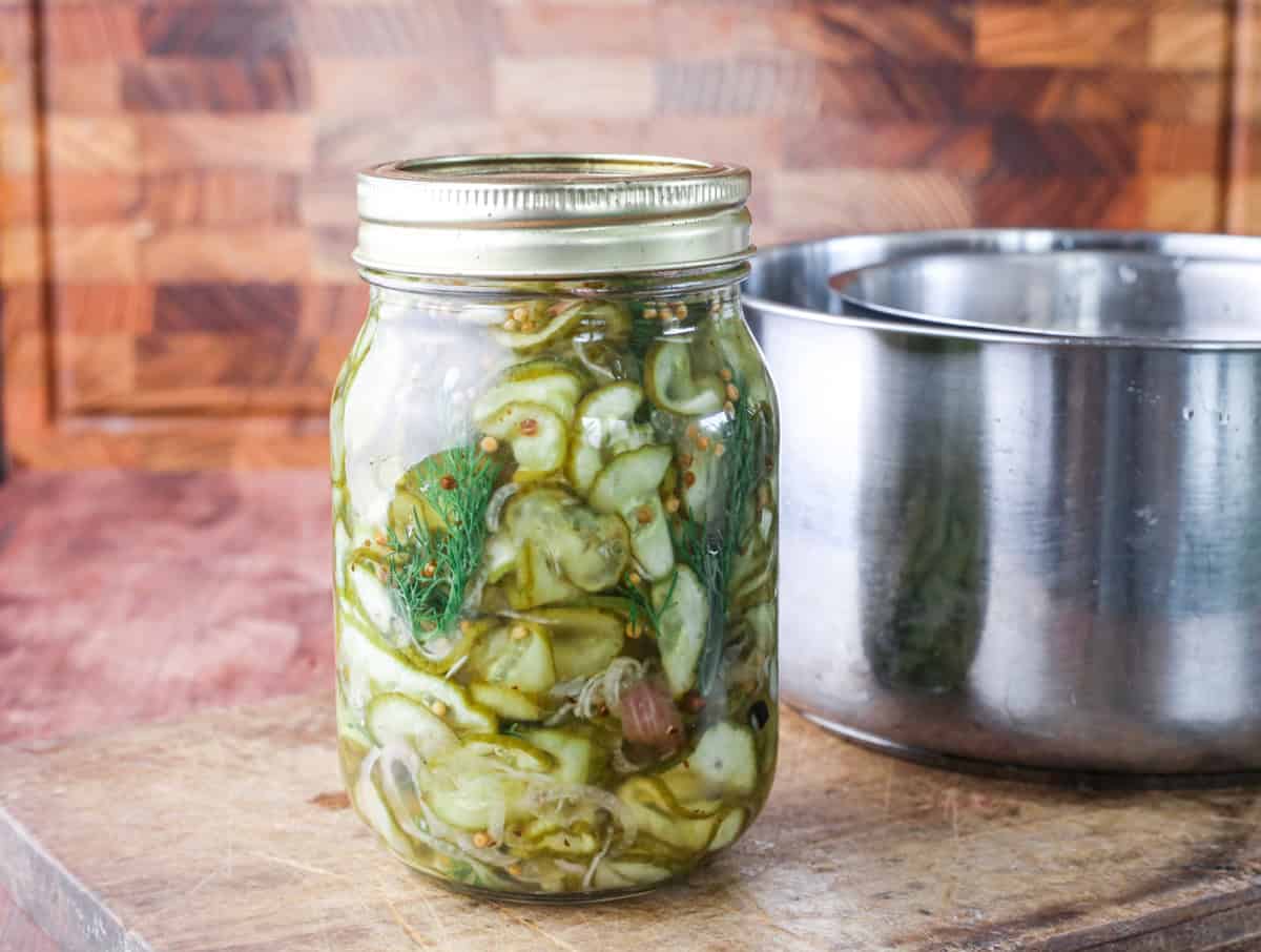 Sealed jar filled with pickled cucumbers and shallots and fresh dill.