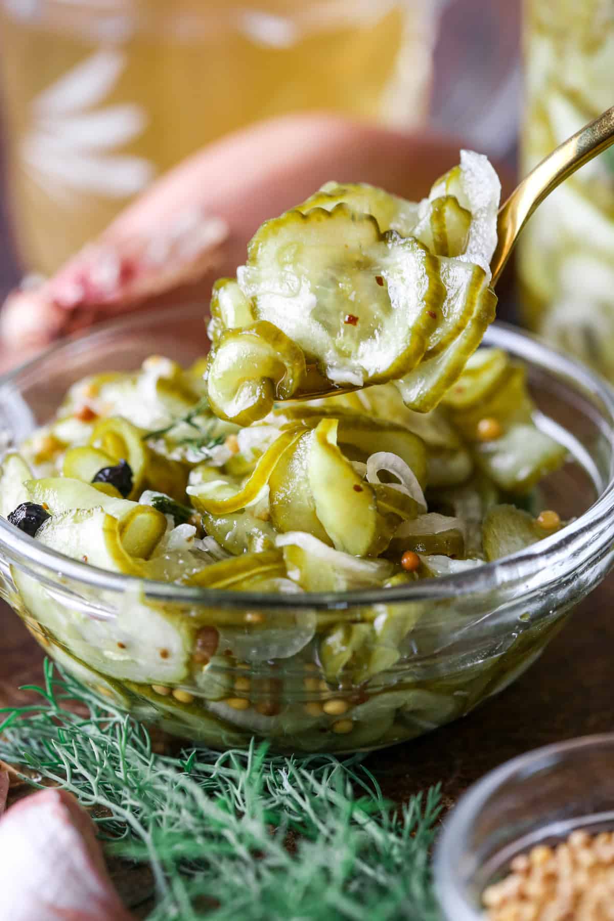 Spoon lifting out a portion of pickled cucumber and shallot.