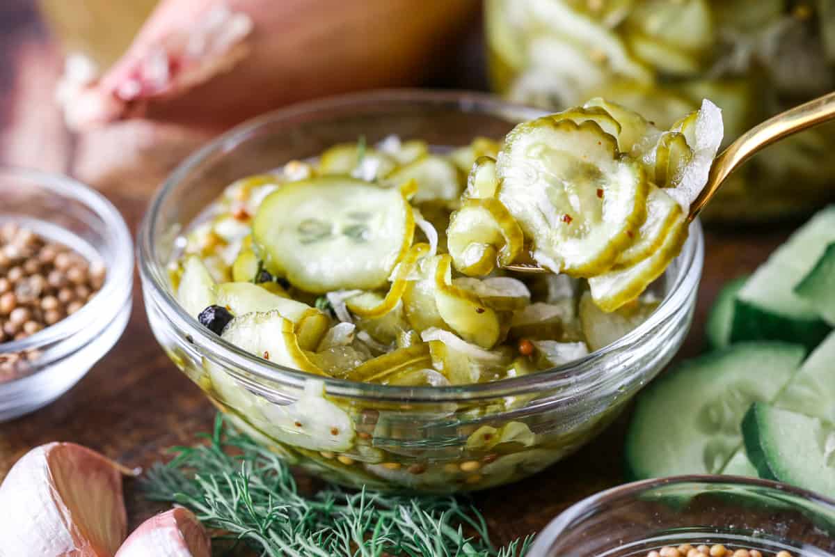 Spoon lifting out a portion of pickled cucumber and shallot.