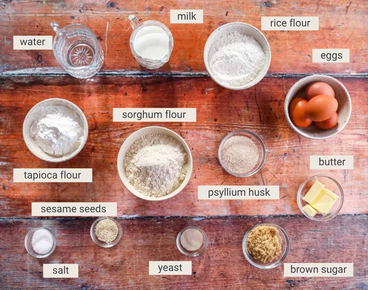 Gluten-Free Burger Buns ingredients on table.