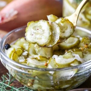 Spoon lifting out a portion of pickled cucumber and shallot.