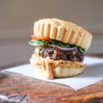 Juicy Gluten-Free Meatloaf Burger in a Brazilian cheese bun, burger sauce and salad.