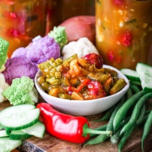 Serving of curried piccalilli in a bowl.