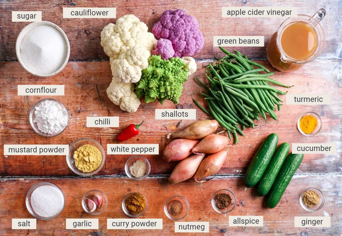 Piccalilli ingredients on table.