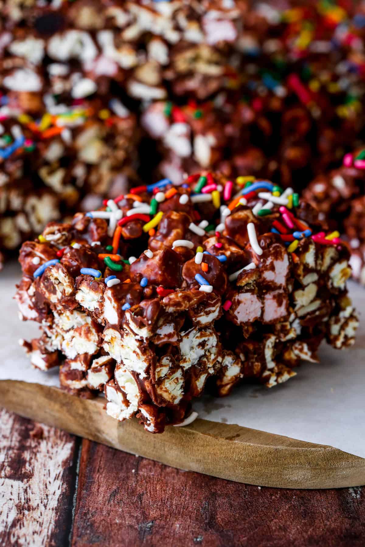 Gluten-Free Popcorn Rocky Road on board showing loaded inside.