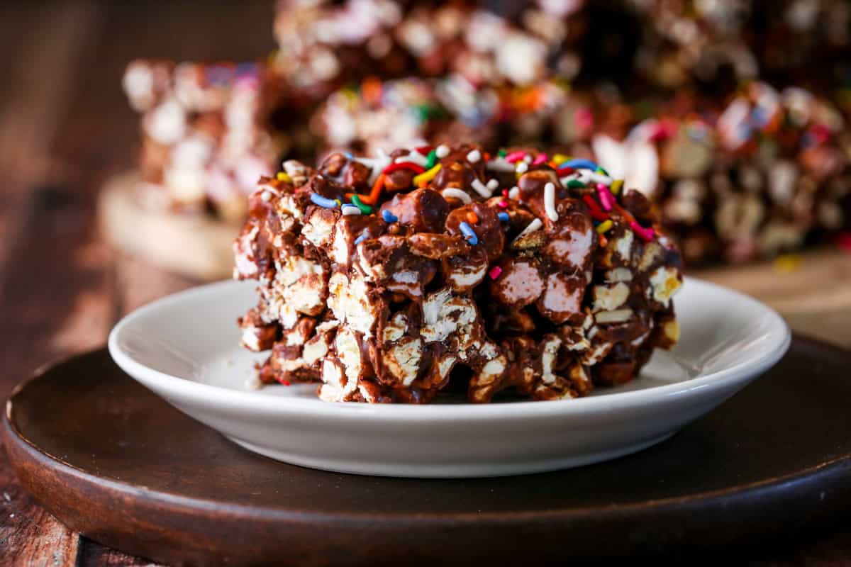 Gluten-Free Popcorn Rocky Road on a plate.
