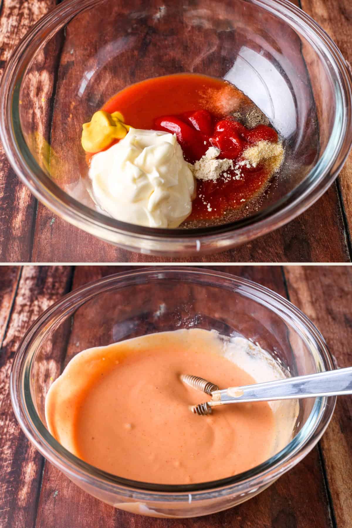 Burger sauce ingredients in a bowl. Whisked together until pale peachy colour with creamy consistency.