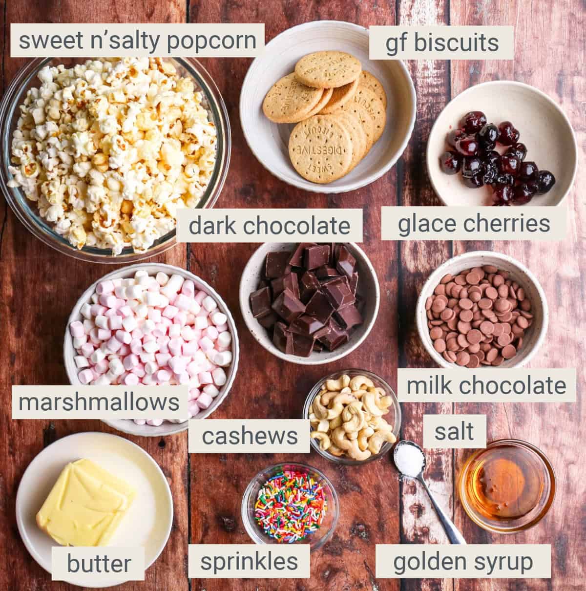 Popcorn Rocky Road ingredients.