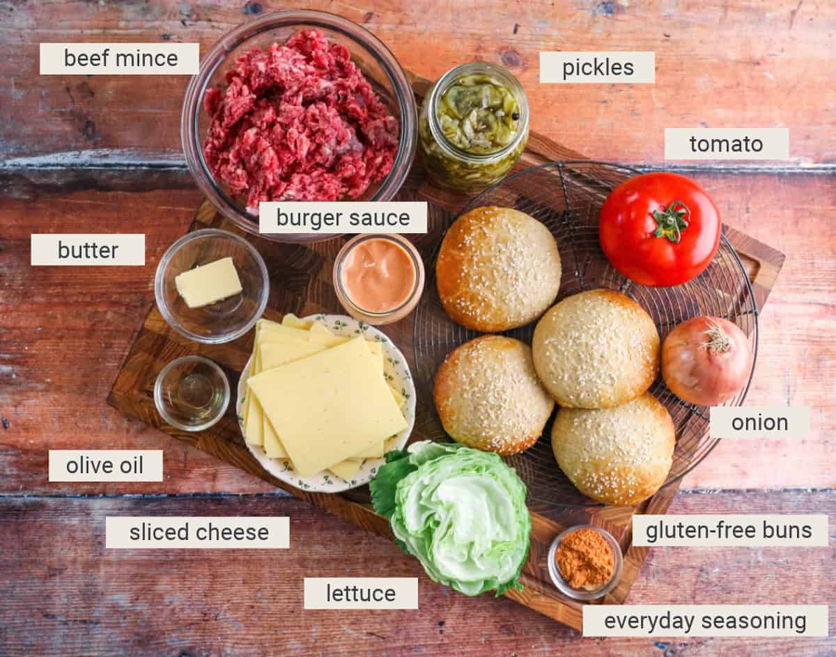 Smash burgers ingredients on a table.
